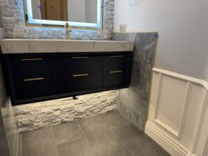 Stacked Stone Vanity Wall Installation in Paradise Valley — built-in alcove design